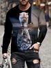 Cool Cat Guitar Player Print Long Sleeve T-Shirt, Casual Fashion Wear