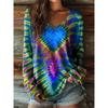 Women's Autumn Long-Sleeve T-Shirt V-Neck Loose Fit Patchwork Style with Irregular Geometric Print Trendy Street-Style Top