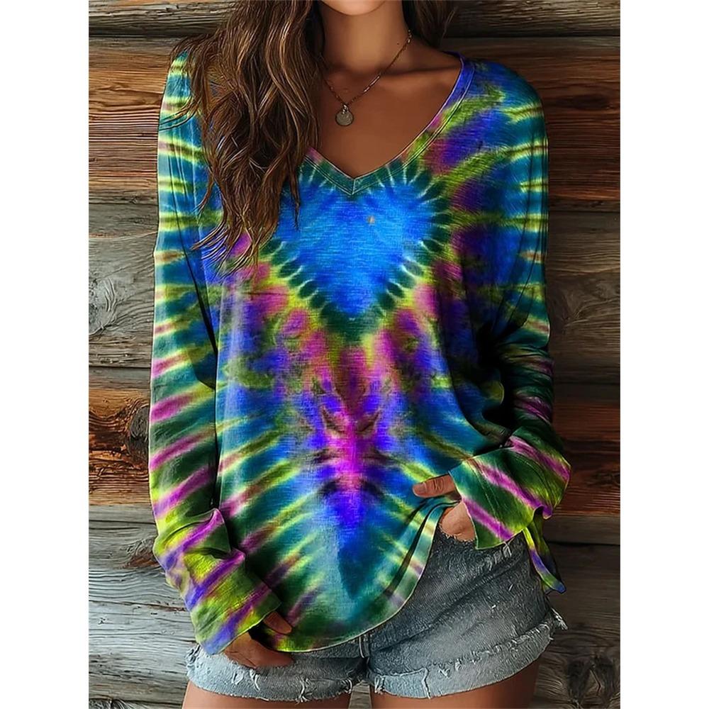 Women's Autumn Long-Sleeve T-Shirt V-Neck Loose Fit Patchwork Style with Irregular Geometric Print Trendy Street-Style Top