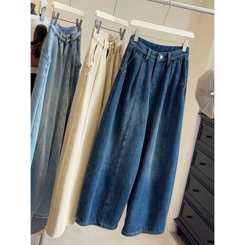 

Korean retro velvet wide-leg jeans for women, winter new high-waisted thickened straight casual loose scimitar pants M темно-синий