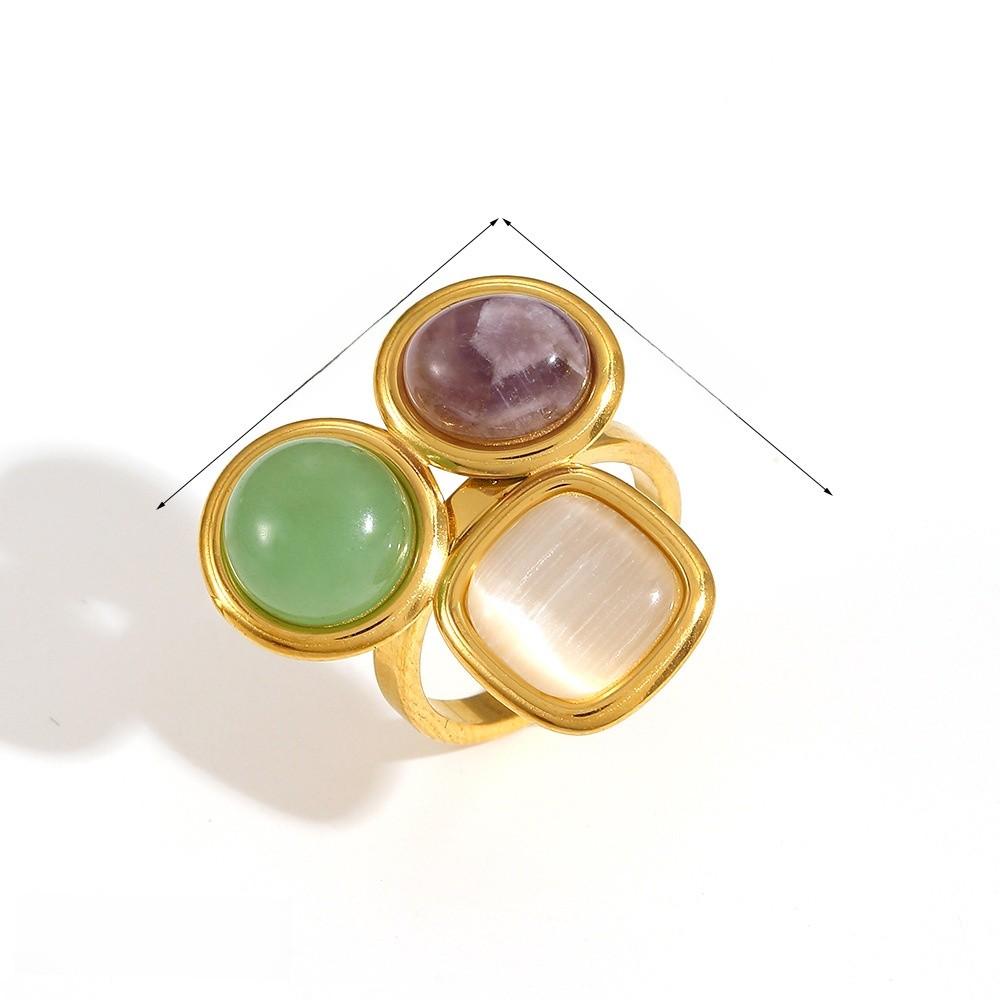 French Vintage Natural Stone Titanium Steel Ring For Women With Cat Eye Effect And Geometric Design
