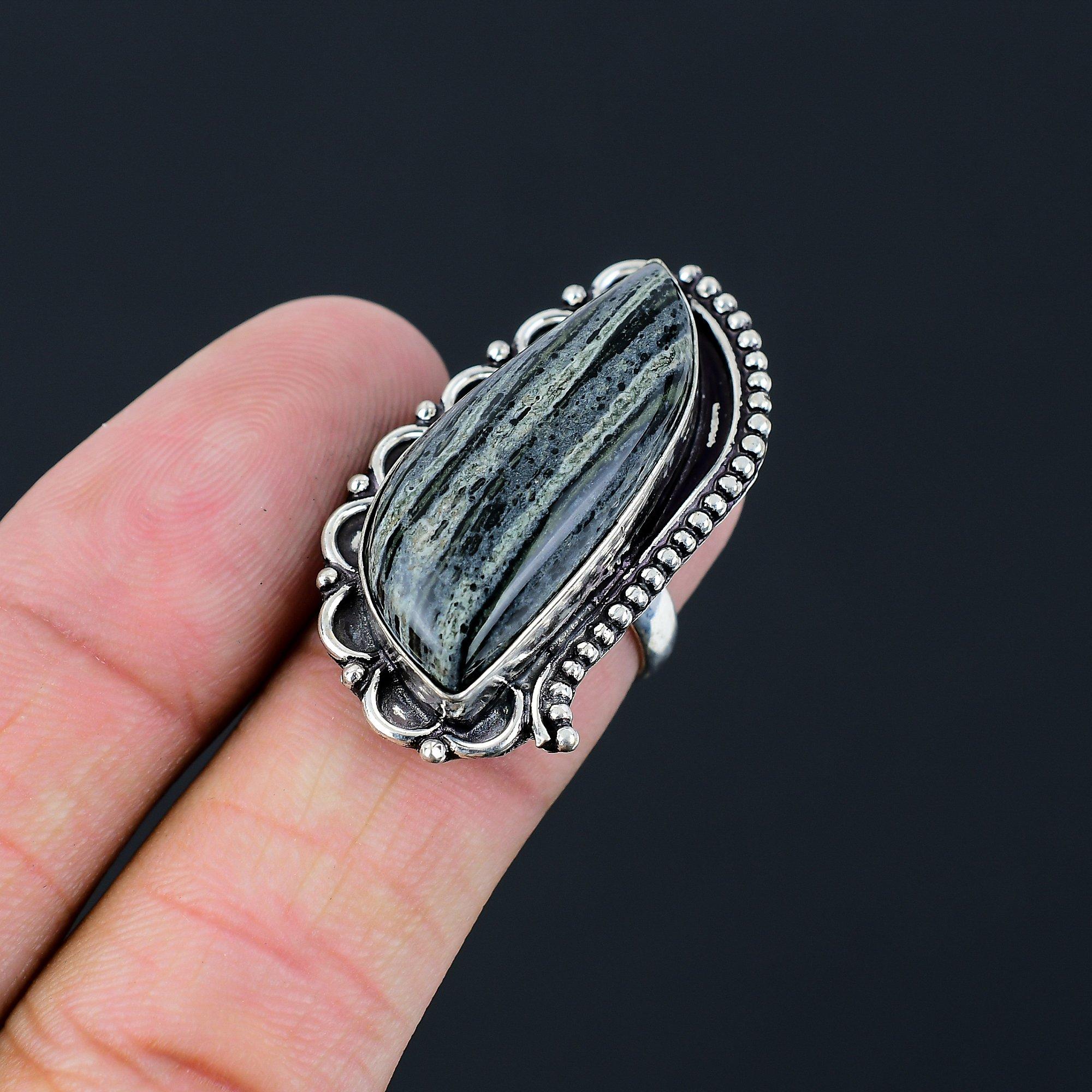 Sterling Silver Marquise Kambaba Jasper Stone Boho Promise Ring Jewelry Size 6.5 6.5