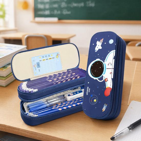 Astronaut Pencil Case for Kids Large Capacity Space Theme Pencil Pouch with Rocket Print Waterproof Thick Canvas Stationery Bag for Boys Girls