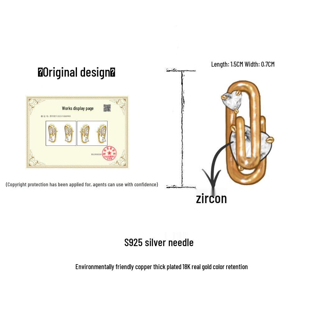 18K Gold Plated Geometric Heart Zircon Stud Earrings - Light Luxury Design