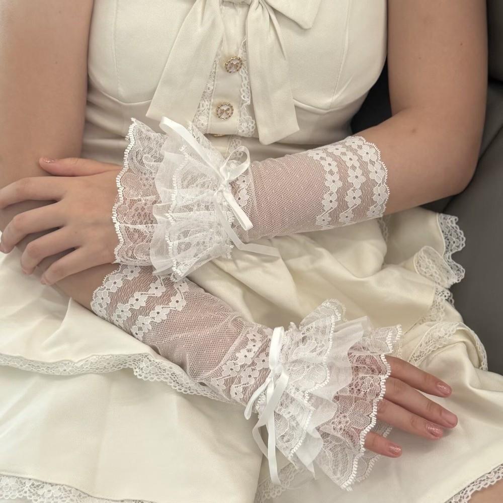 Bowknot Lace Fingerless Gloves Ruffle Trim Long Hand Sleeves Bridal Wrist Gloves Cosplay Event