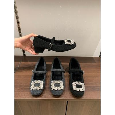 French Small Fragrant Wind Rhinestone Velvet Square Head Mary Jane Shoes Female Autumn and Winter Fairy Thick Heel Fluffy Shoes Doudou Shoes Ladyshoes