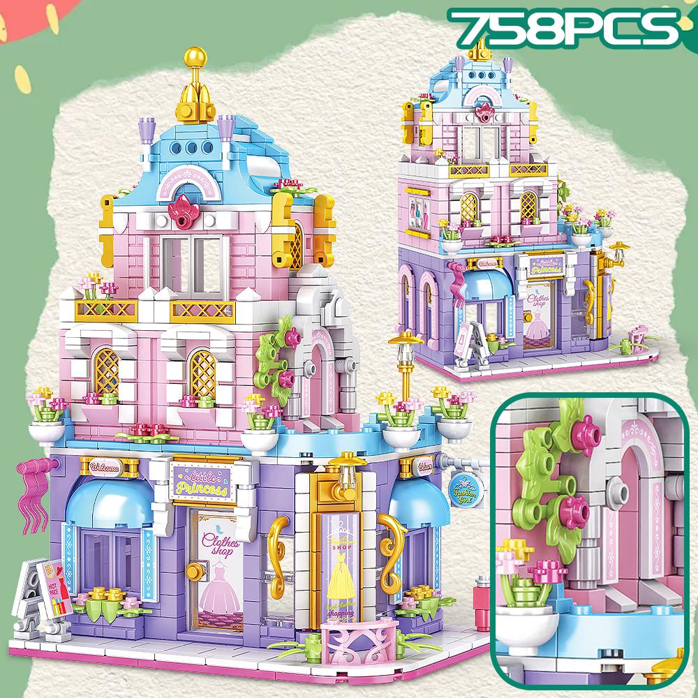 Stadtstraßenansicht Kaffee-Burger-Laden Hotel Modell Bausteine DIY Architektur Kommerzielle Straße Steine Spielzeug Erwachsener