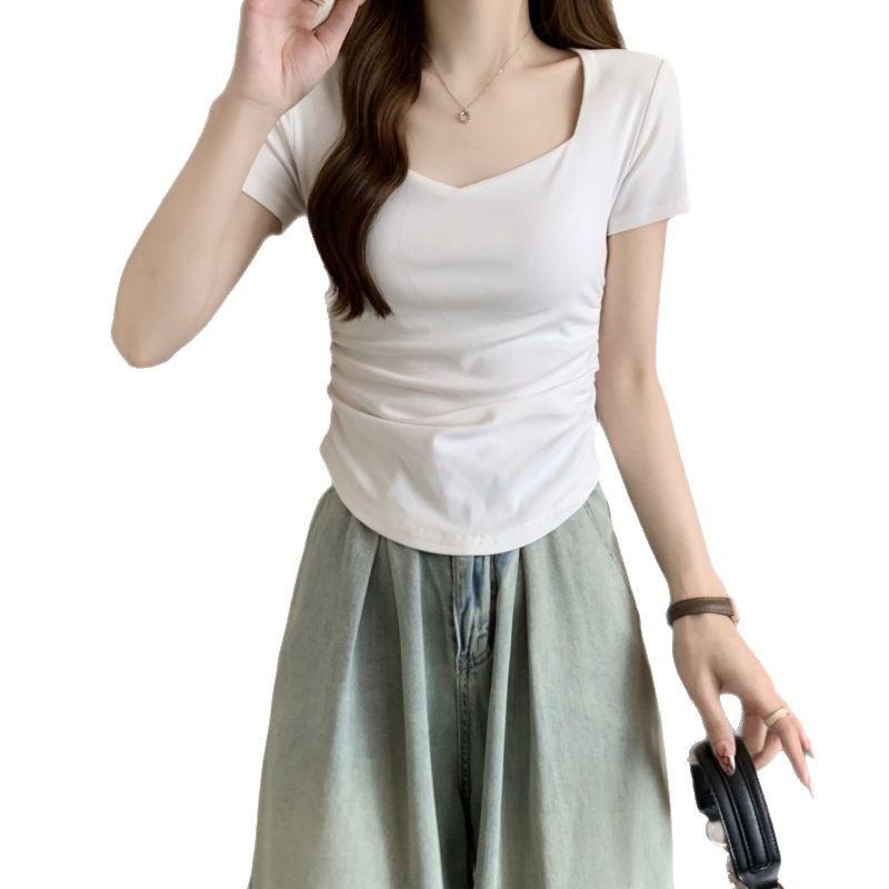 Women's Square Neck Slim Fit Pleated T-Shirt, Summer 2025 Trend