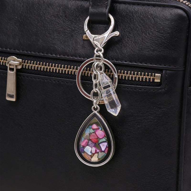 Natural Stone Crystals Teardrop Shape Photo Locket Keychain Featuring Diamonds Cut Designs for Sentimental Gifts