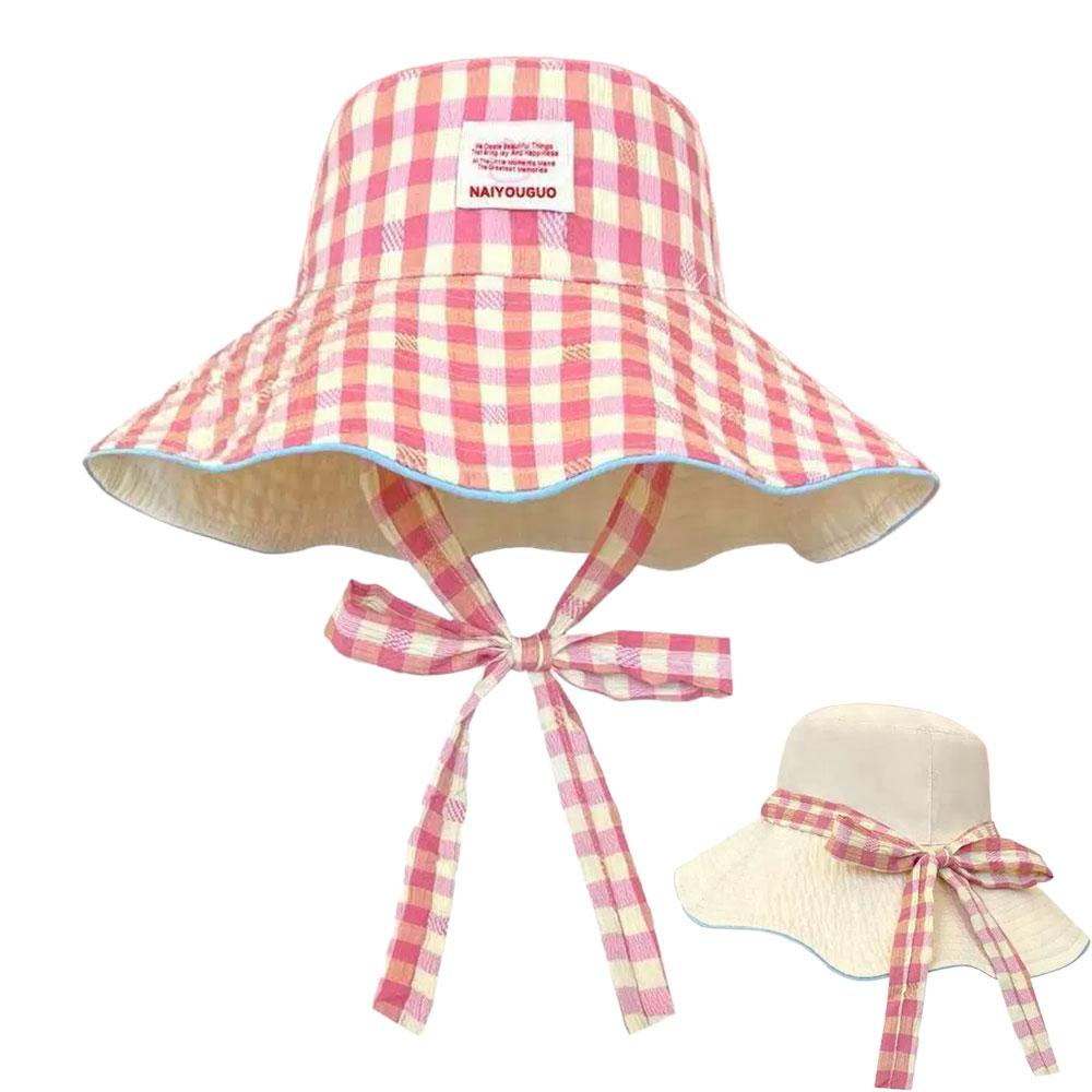 Plaid Fisherman's Hat Dual-Style Reversible Wear Wide Brim Sun Hats With Chin Strap Cute Pastel Plaid Beach Hat For Outdoor Trav