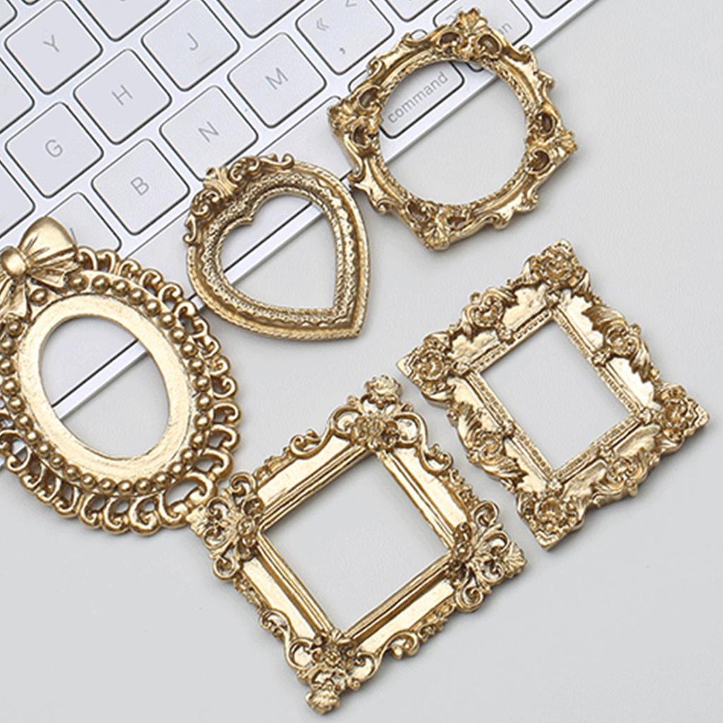 Vintage Mini Photo Frames, 5pcs Small Antique Gold Resin Photo Frames, Miniature Desktop Decorations Wall Mount Photo Frames