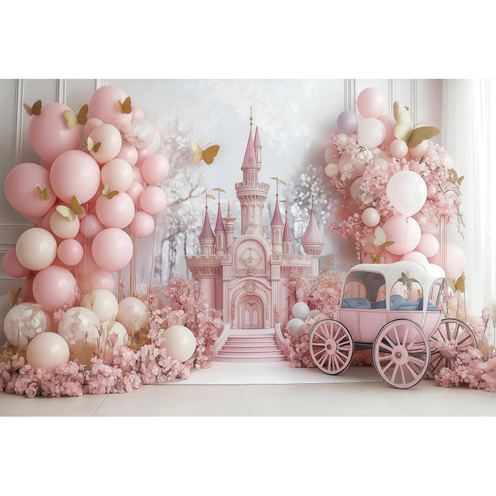 Dreamy Castle Photography Background Pink Balloon Curtain Flower Carriage Girl Birthday Bride Wedding Party Decor Photo Backdrop