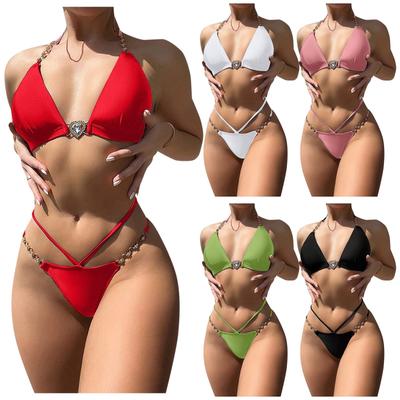 Women's Separate Sexy Bikini Solid Color Chain Hanging Neck With Steel Bracket No Chest Pad Swimsuit