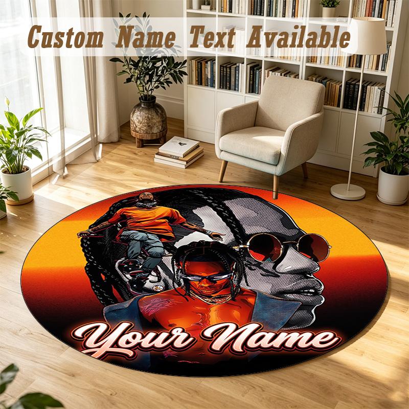 Round Rug Custom NameTravis Scott Pattern Non Slip Carpet Home Floor Decor