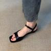 French Retro Simple One-word Buckle Sandals Women's New Versatile Low-heeled Hollow Roman Shoes