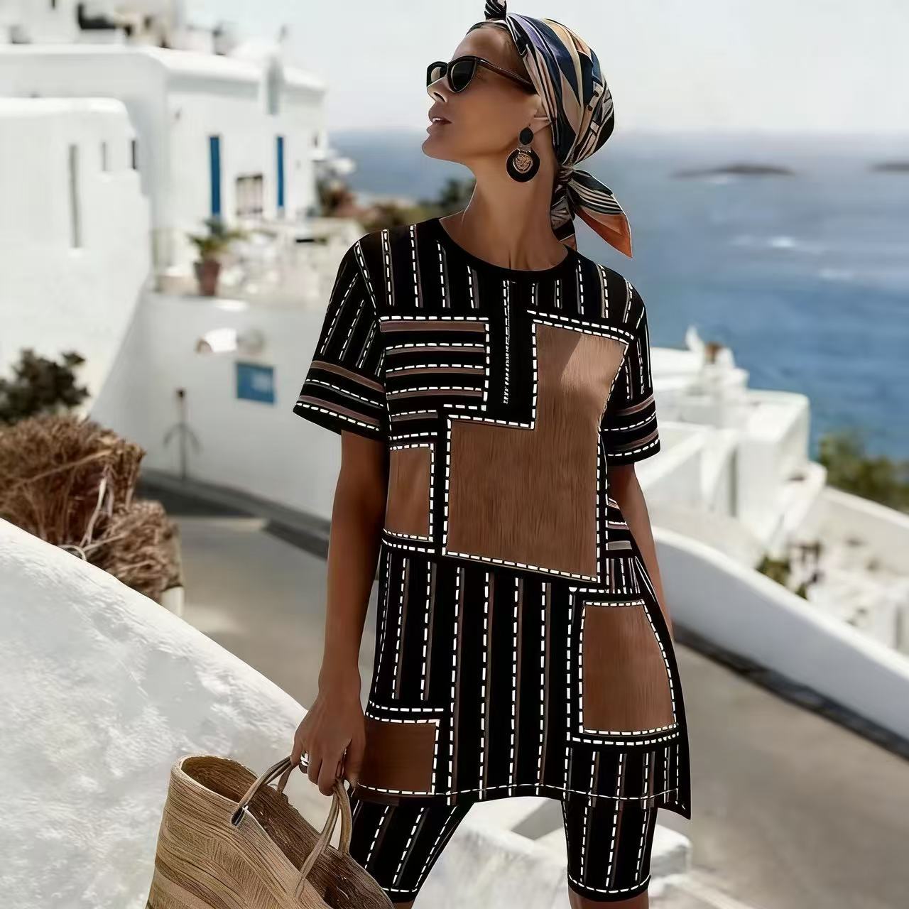 

2026 New Summer Round Neck Casual Short Sleeve Color Block Set XXL темно-коричневого кольору
