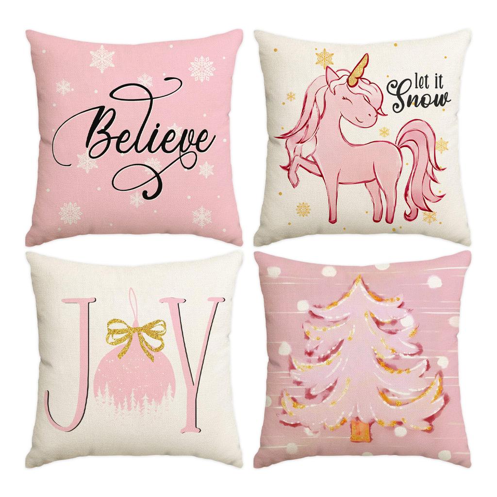 1/4Pcs Christmas Pillow Cover, Pink Printed Cushion Cover, Farmhouse Decorative Sofa, Christmas Decoration (Without Pillow Core)