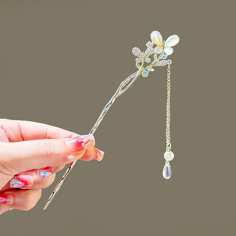 Light Luxury Women's Hairpin Glitter Rhinestone Flower Tassel Hair Stick Daily Life Travel Shopping Party Elegant Hair Accessory