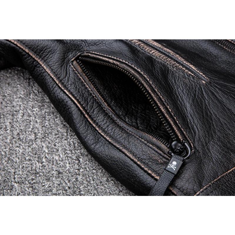 Kurtka motocyklowa Vintage w rozmiarze chińskim Czaszka 100% skóra bydlęca Slim Fit męska skórzana kurtka Zniszczona kurtka motocyklowa zimowa M203
