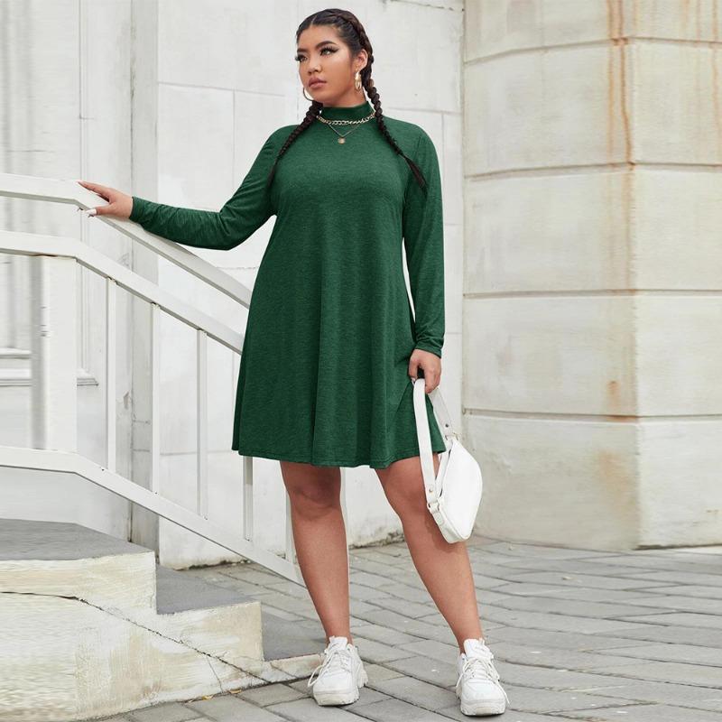 Lediga Klänningar med Lång Ärm Enfärgad Klänning Dam Mock Neck Grön Klänning Lös Hög Midja Klänning Plus Size Klänning Pendlar Modeklänningar