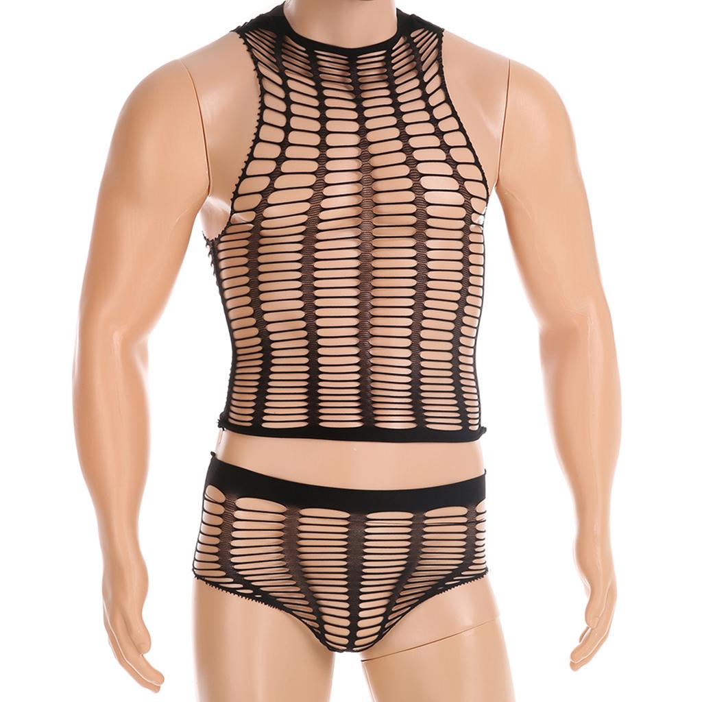 CLEVER-MENMODE Fetish Lingerie Men Sexy Brazilian Briefs Singlet Mesh Underwear Set Fishnet Crops Tops Erotic Hollow Nightwear
