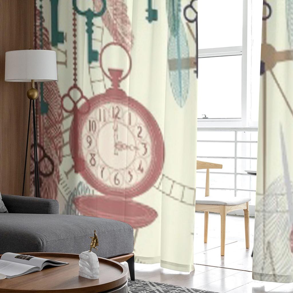 Vintage Pocket Watches Feathers Sheer Curtains for Living Room Transparent Tulle Window Curtain Bedroom Kitchen Veil Drapes