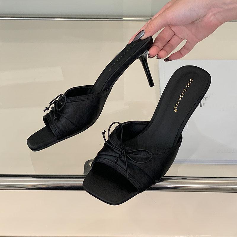 Fashion Fashion Butterfly-Knot Women Thin Heels Pumps Slides Shoes Female Square Toe Footwear Sexy Ladies High Heels Shoes Sandals