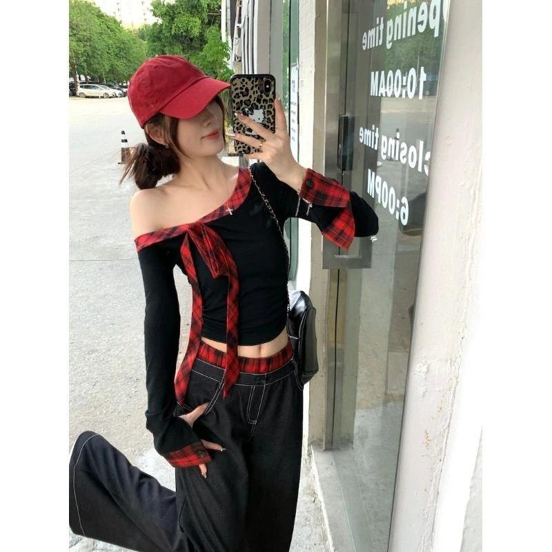 Black Off Shoulder Spliced Long Sleeve T Shirt For Women Spring And Autumn Slim Fitting Short Top