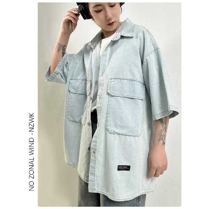Retro Denim Workwear Short Sleeved Shirt, Men'S And Women'S Summer Fashion Brand, Japanese Retro Half Sleeved Trend, Cool And Loose Shirt