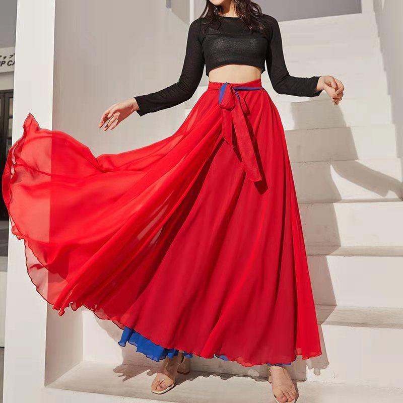 Two-Sided Chiffon Dance Skirt: Performance Long Dress with 540°/720° Swirl, Half-Body, Dual-Color Design