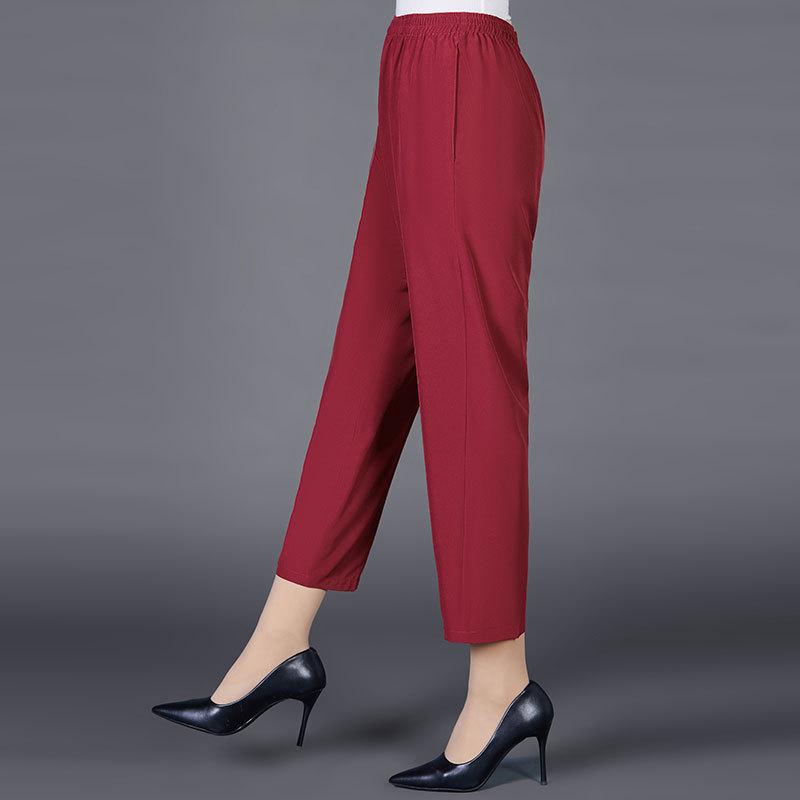 

Summer Ice Silk High-Waist Elastic Pants for Middle-Aged and Older Women - Casual, Loose-Fit, Straight, Nine-Point Length XXXL вино красного