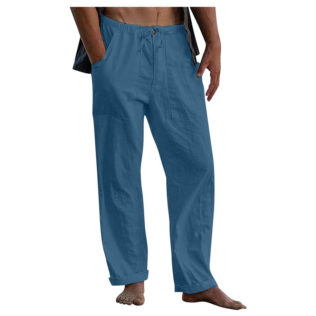 Men's linen drawstring casual pants summer solid color beach trousers loose sports casual cotton and linen trousers