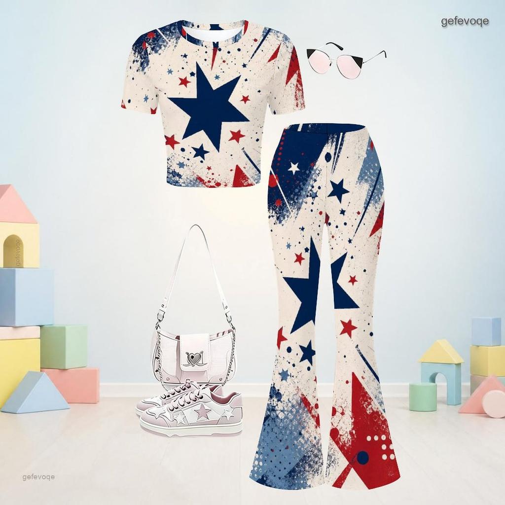 Girls Abstract Printed Round Neck Short Sleeve Top Flared Pants Two Piece Set