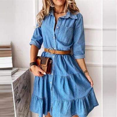 Tooxika Neues Damen-Jeanskleid mit Revers und Spleißen, Midikleid mit Gürtel