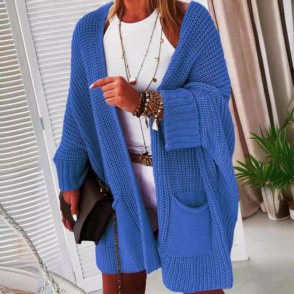 Women's Knit Pocket Cardigan Sweater - Solid Color, Loose Fit, Autumn/Winter Fashion