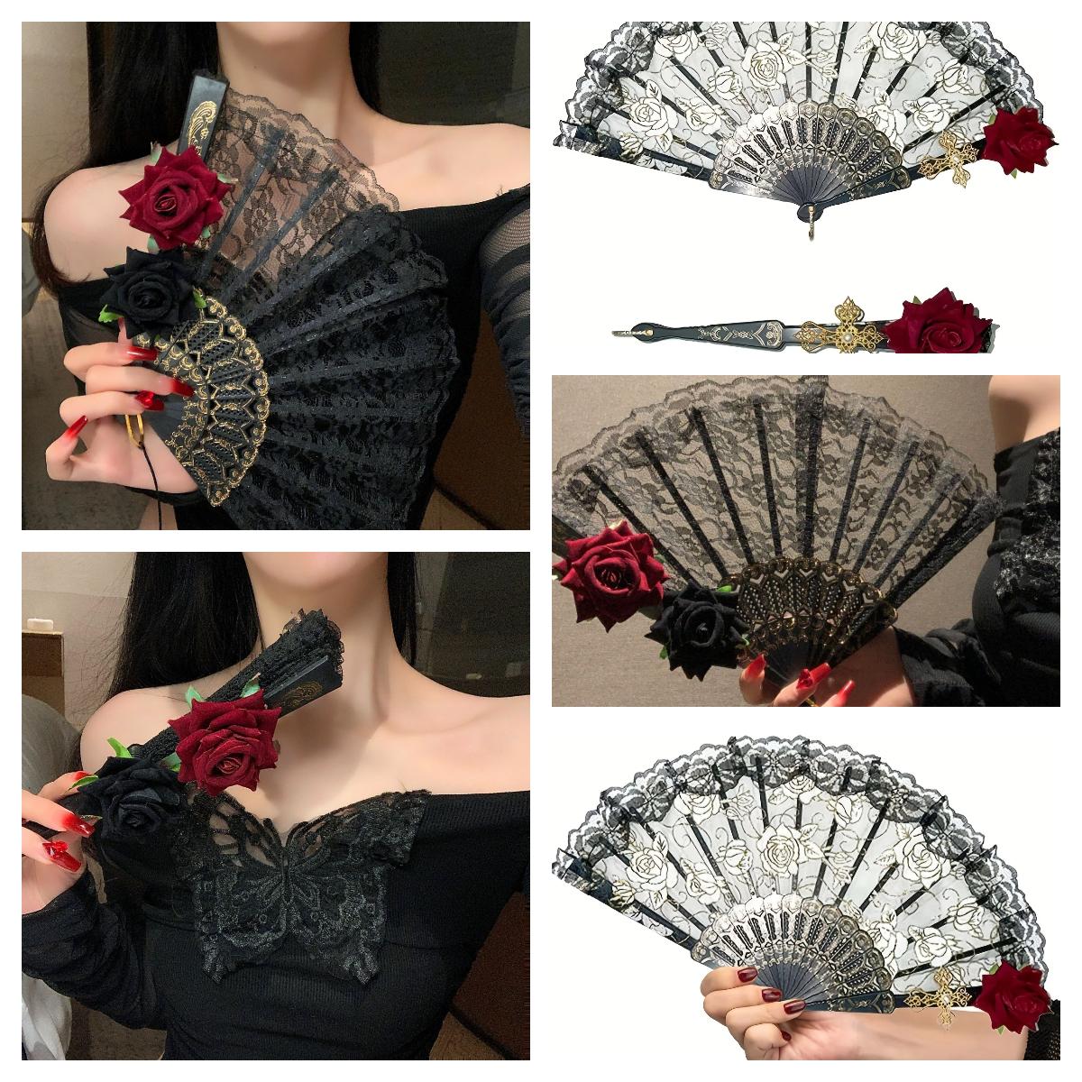 

1pc Black Vintage Folding Fan Spanish Style Folding Fan Rose Floral Lace Fan Cocktail Tea Party Accessories чёрный
