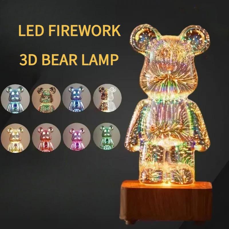 LED 3D Bear Fireworks Night Light USB Room Decoration Ambient Light Suitable for Children Room Bedroom Christmas Decoration