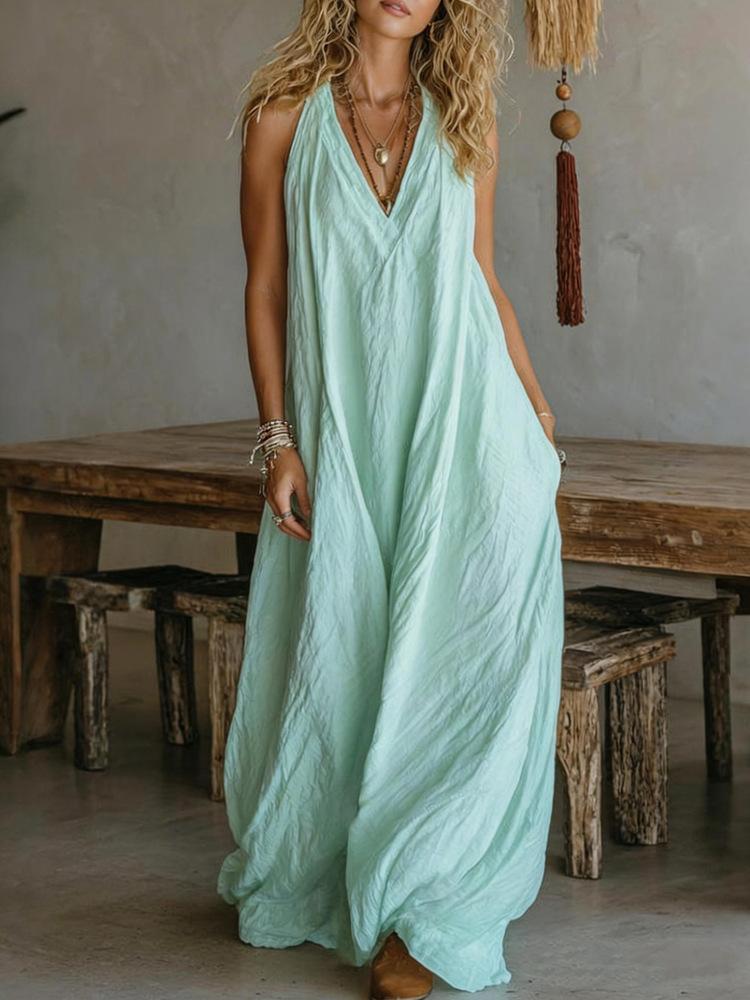 Women's Sleeveless Maxi Dress with Side Pockets, Available in Multiple Colors