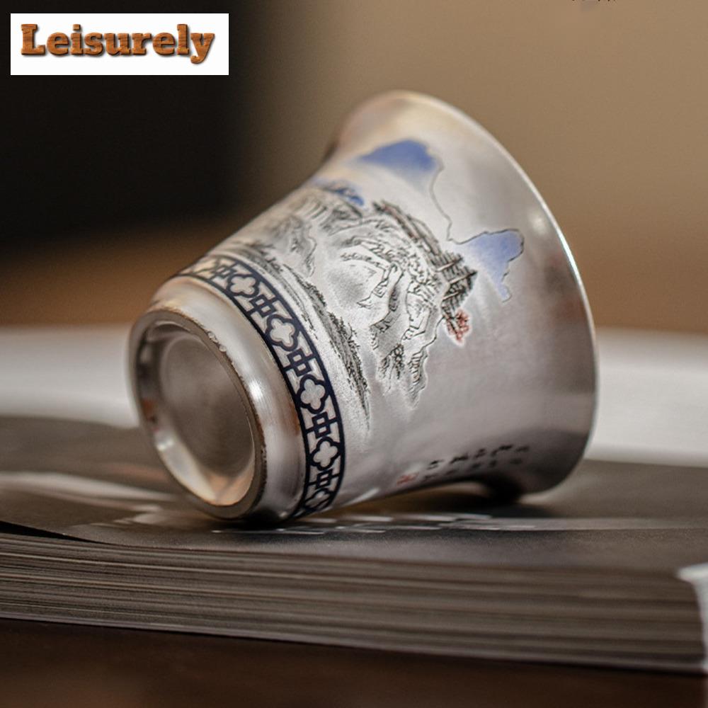 50ml Boutique Beautiful Mountains Waters Teacup Handmade Silver Plated Ceramic Small Cup Personal Master Cup Tea Bowl Drinkware