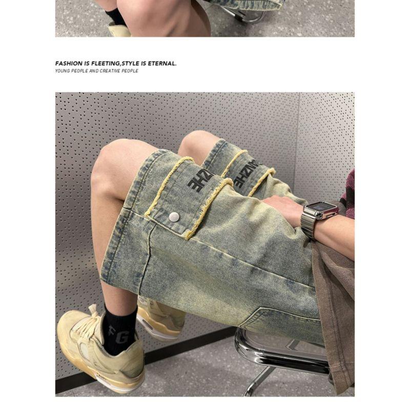 Americké retro džínové kraťasy pánské letní výklenkové kalhoty žluté bláto kalhoty high street vibe ležérní pětibodové kalhoty