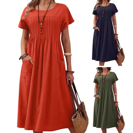 Women's Casual Dress Round Neck Short Sleeve Maxi Dress with Pocket Loose