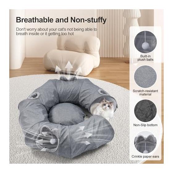 Odoland 85cm Cat Tunnel Bed, Donut Shape, 160cm Long S Shape, Cat Tunnel with Cushion, Fluffy, Cat Play, Lack of Exercise, Foldable, Washable, Toy