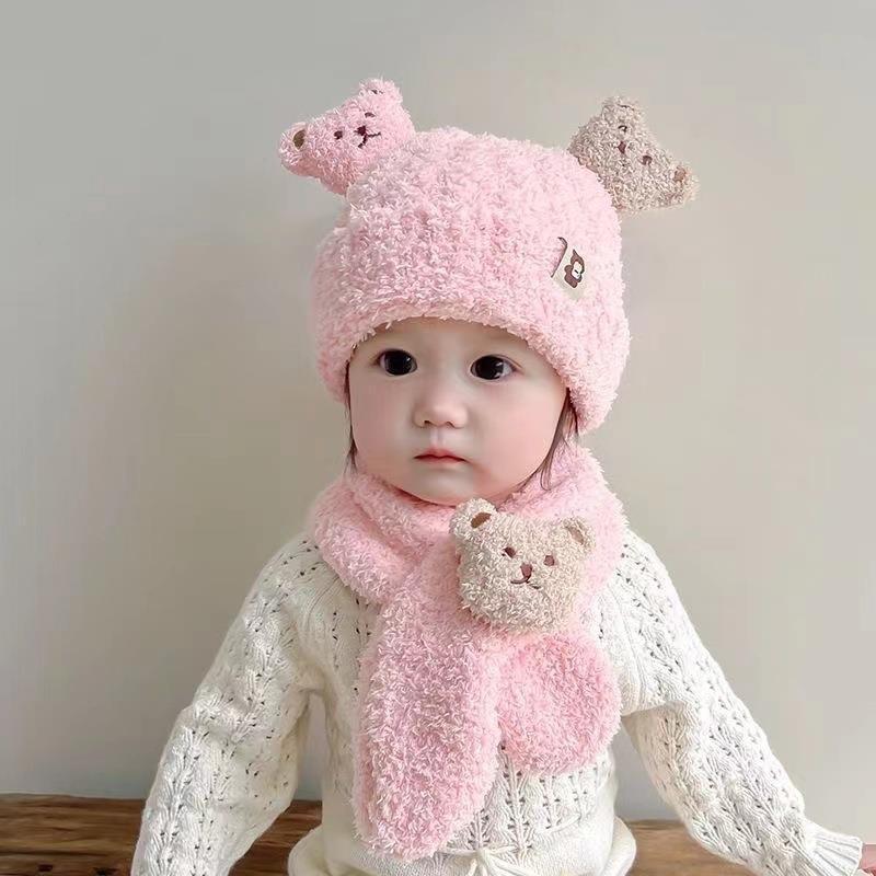 Baby winter warm hat super cute children knitted cute bear scarf cover hat boys and girls ear protection warm hat
