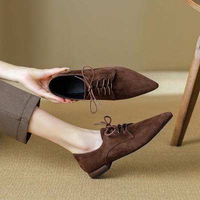 Fashion NEW Spring/Autumn Women Pumps Sheep Suede Leather Shoes for Women Pointed Toe Low Heel Shoes Casual Black Lace-up Handmade Shoes