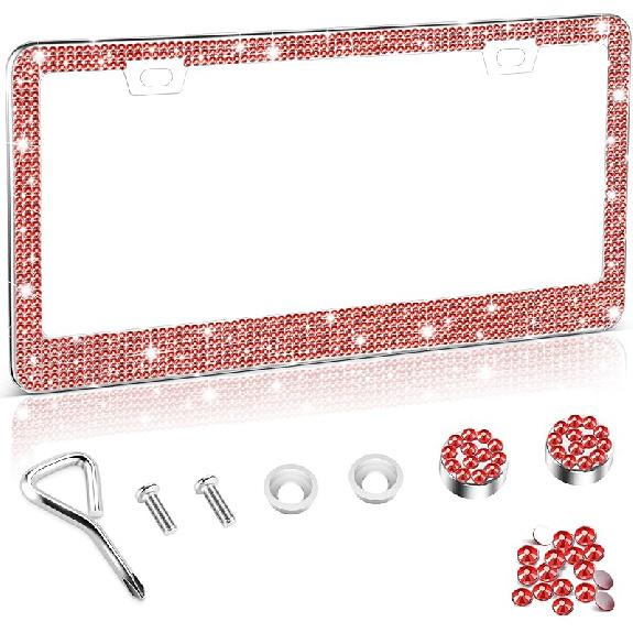 Amiss Bling License Plate Frame For Women, 2Pack Rhinestone Handcrafted Crystal Premium Stainless Steel, Stainless Steel Car Accessories With Diamond