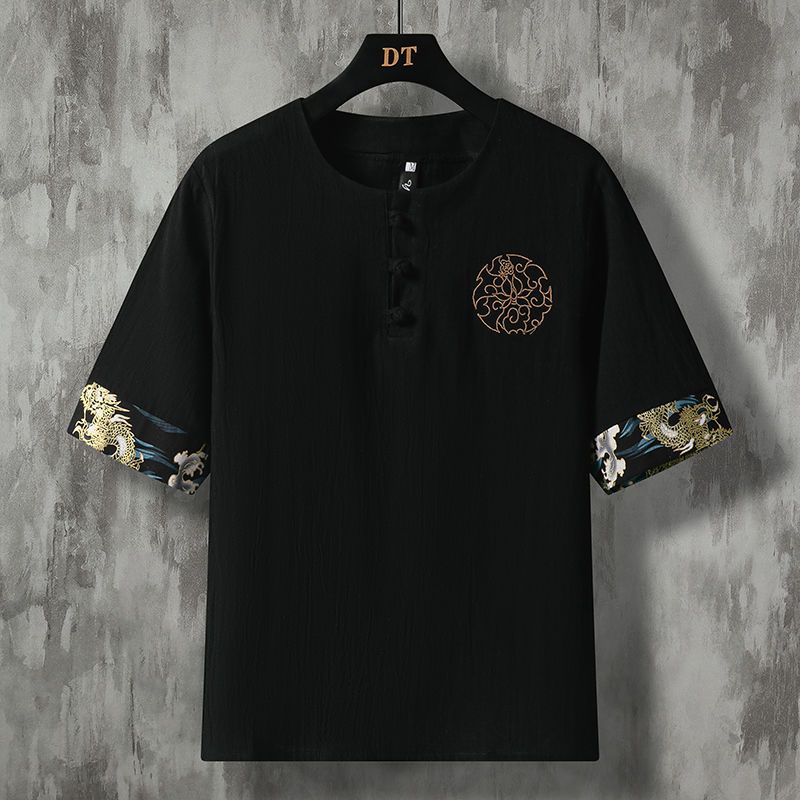 Lockeres Herren-Leinen-T-Shirt Kurzarm Bestickt Baumwoll-Leinen Oberteil Modisches Sommer Hanfu Stil Freizeithemd