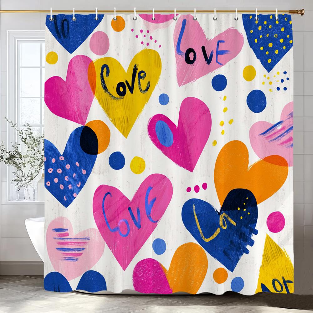 Modern heart-shaped Red Love Pattern Shower Curtain, Bathroom Decorative Shower Curtain, Waterproof Shower Curtain with Hooks