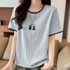 Navava Women S CaT Embroidery Colorblock Round Neck ShorT Sleeve T ShirT nT3327