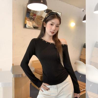 Autumn New Style Off-the-shoulder Slim-fit Black Long-sleeved T-shirt Women, Fashion Hot Girls Sexy All-match Pullover Top