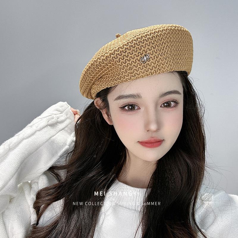 Summer new hat women's sunshade thin knitted beret versatile breathable hollowed out big head bud painter hat